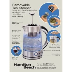 Hamilton Beach 1.7 Liter Electric Glass Kettle With Tea Steeper -Kitchenware Sales Shop 40868 PKG Side ENG