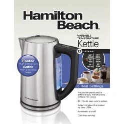 Hamilton Beach Brushed Stainless 1.7 Liter Variable Temperature Kettle -Kitchenware Sales Shop 41025 PKG Front ENG