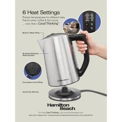 Hamilton Beach Brushed Stainless 1.7 Liter Variable Temperature Kettle -Kitchenware Sales Shop 41025 PKG Side ENG